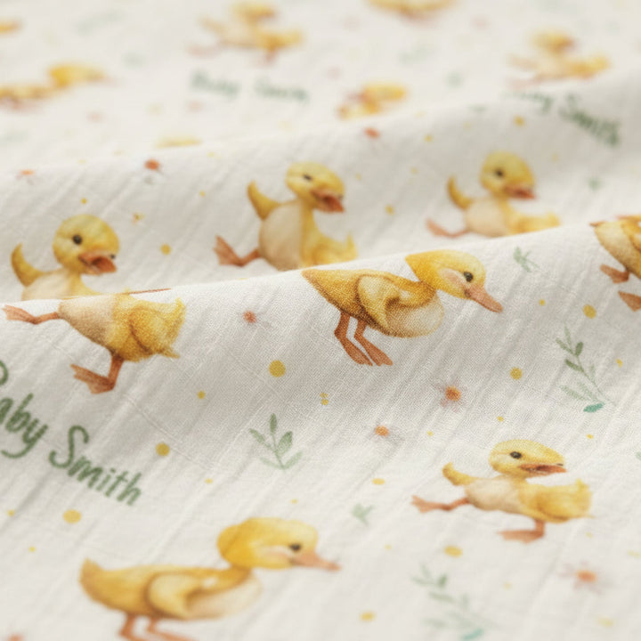 Personalised muslin swaddle wrap with baby name, soft breathable fabric, 120x120cm size for newborns and babies