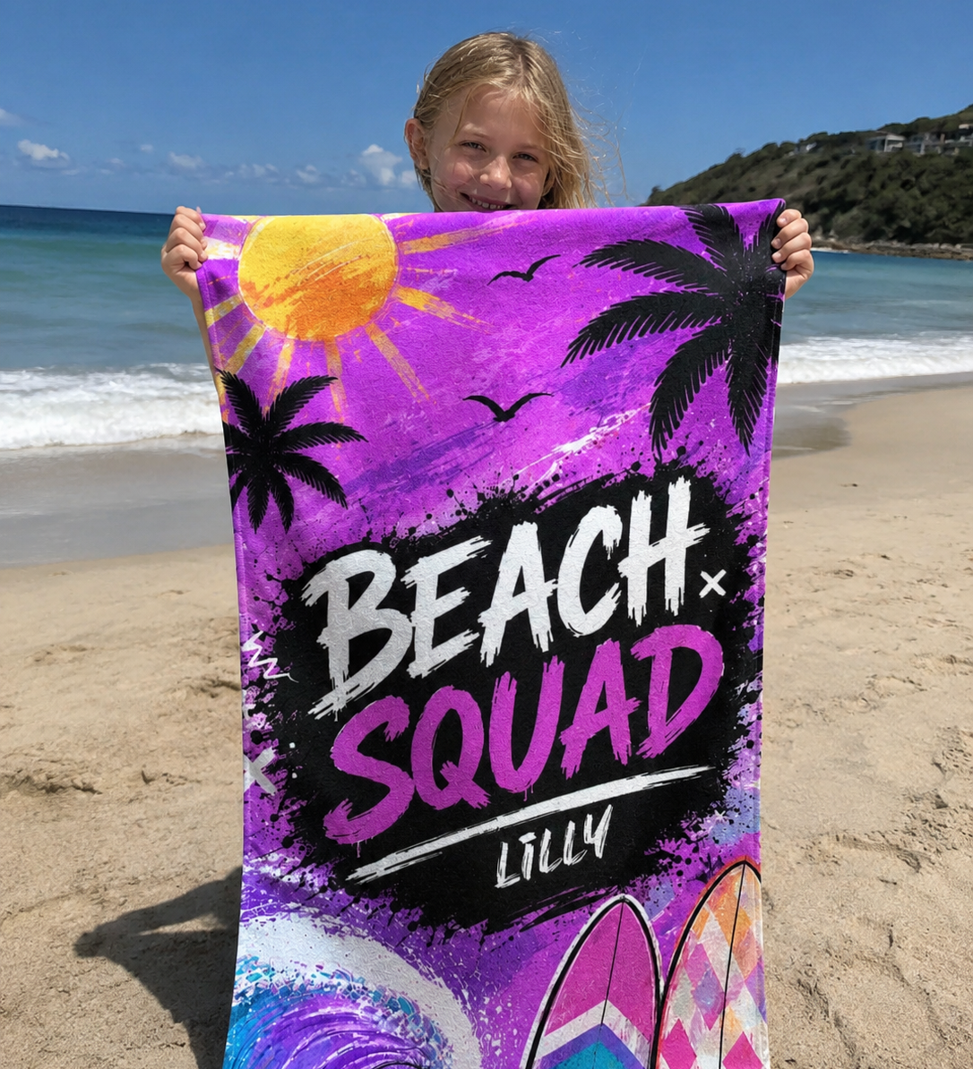 Beach Squad custom beach towel for family holidays and pool days