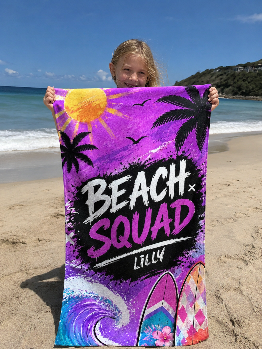 Beach Squad custom beach towel for family holidays and pool days