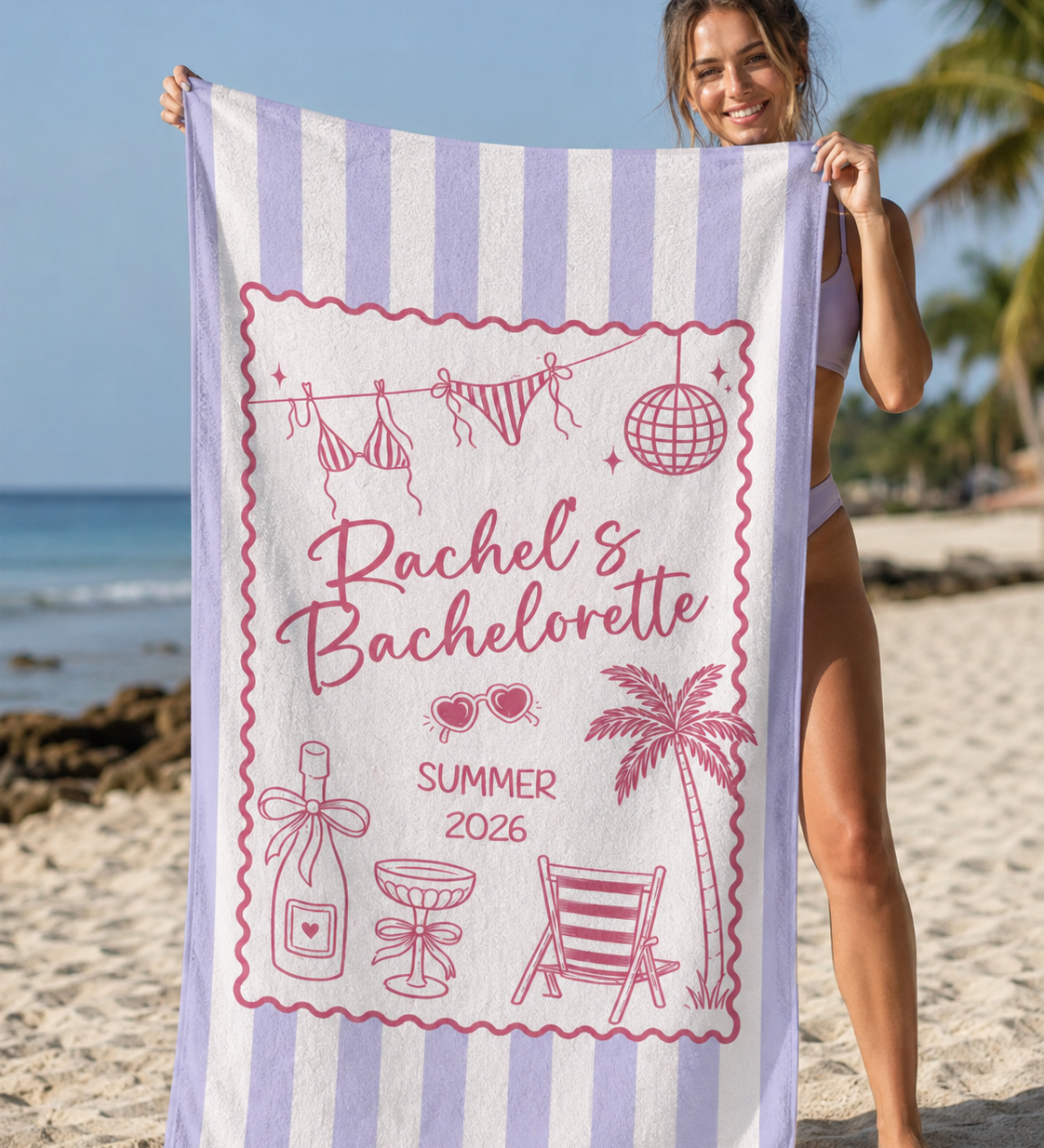 Cabana Bachelorette beach towel personalised with each name, bachelorette party gift