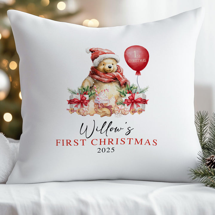 Cute baby’s first Christmas cushion featuring Winnie the Pooh and custom name