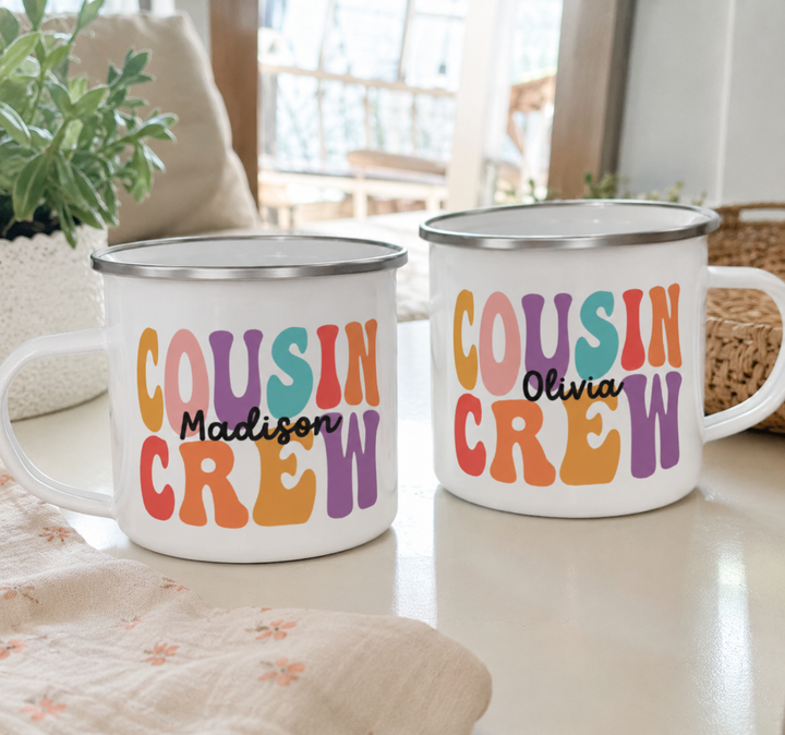 Personalised Cousin Crew Enamel Mug