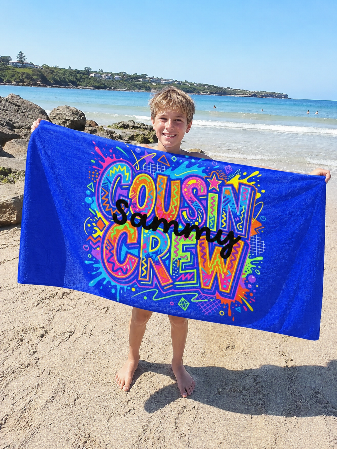 Cousin Crew Pop Art beach towel in quick-dry sand-free fabric, made for beach and pool days - The Custom Co
