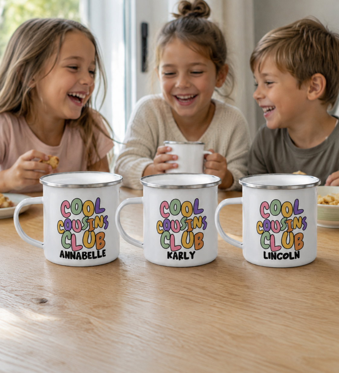 Cool Cousins Club enamel mug in durable enamel, made for camping trips and hot chocolate - The Custom Co
