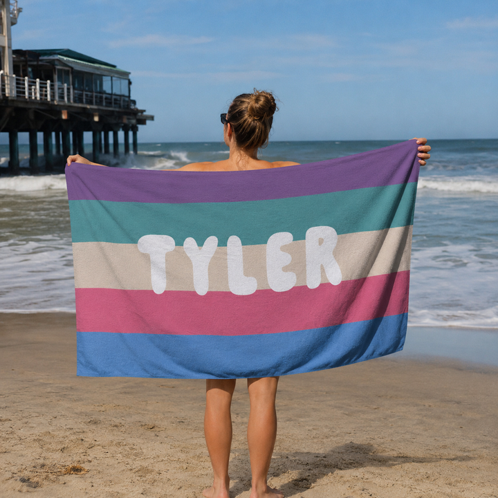 Personalised Stripe Beach Towel – Custom Name | Retro Stripe Design