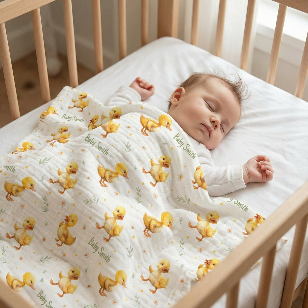 Personalised muslin swaddle wrap with baby name, soft breathable fabric, 120x120cm size, perfect for newborns and gifts