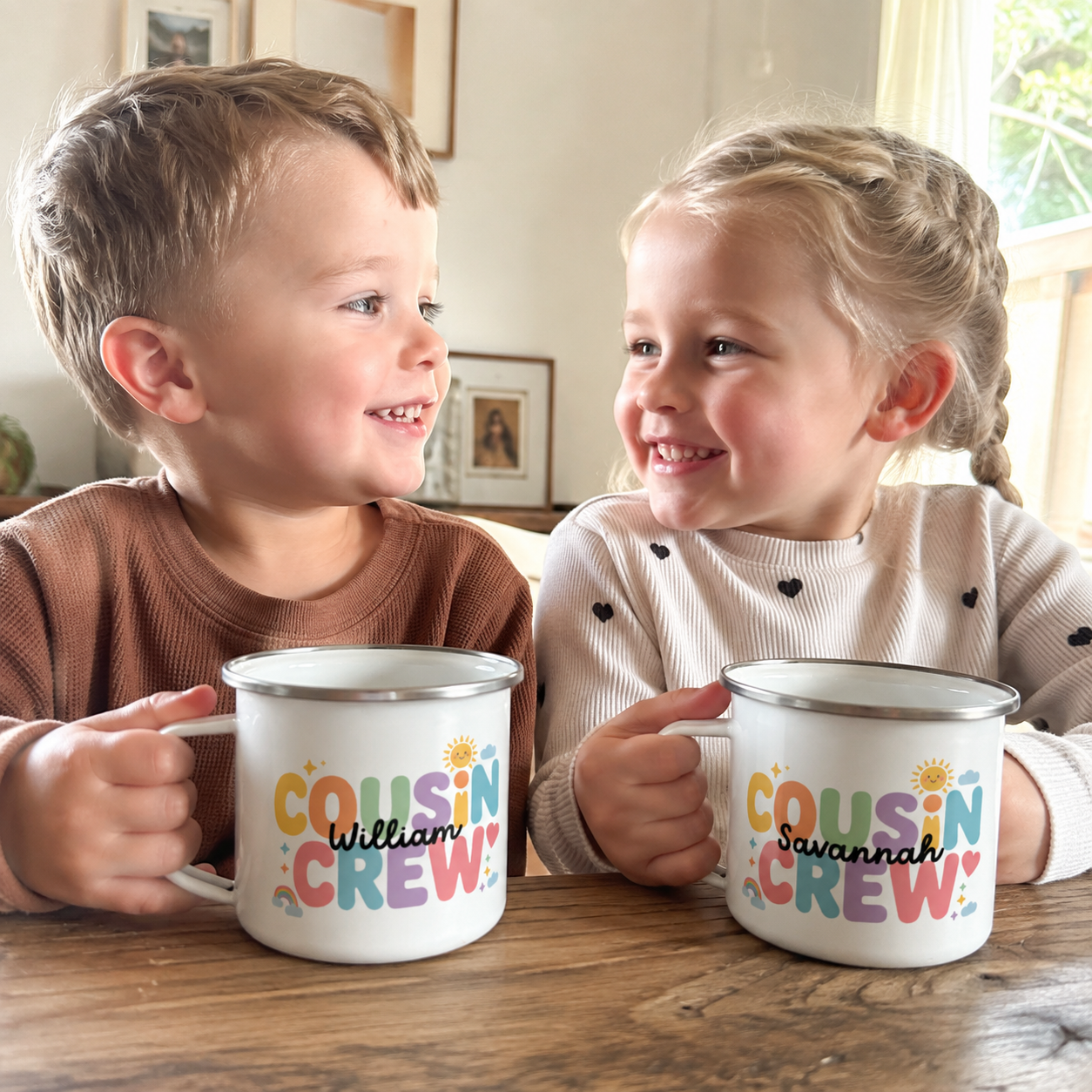 Personalised Sunshine Cousin Crew enamel mug name print detail