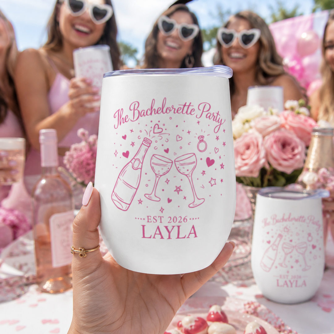 The Bachelorette Party 2026 personalised wine tumbler with custom names - The Custom Co