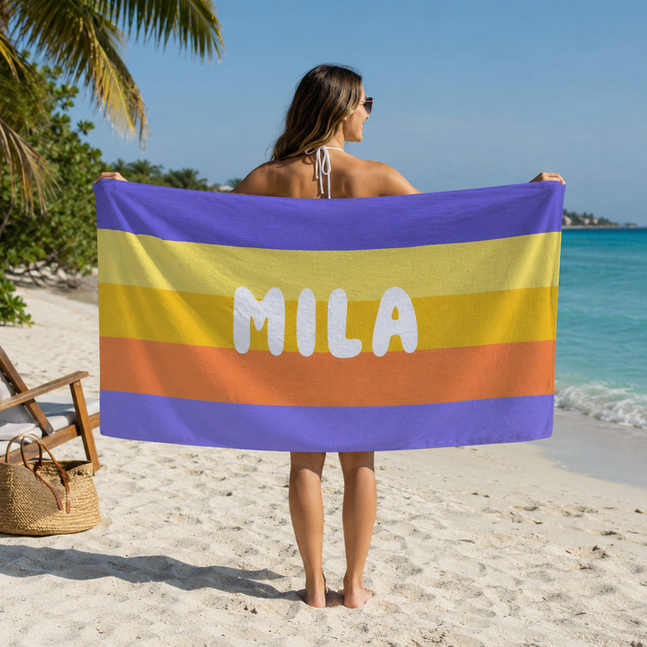 Personalised Stripe Beach Towel – Custom Name | Retro Stripe Design