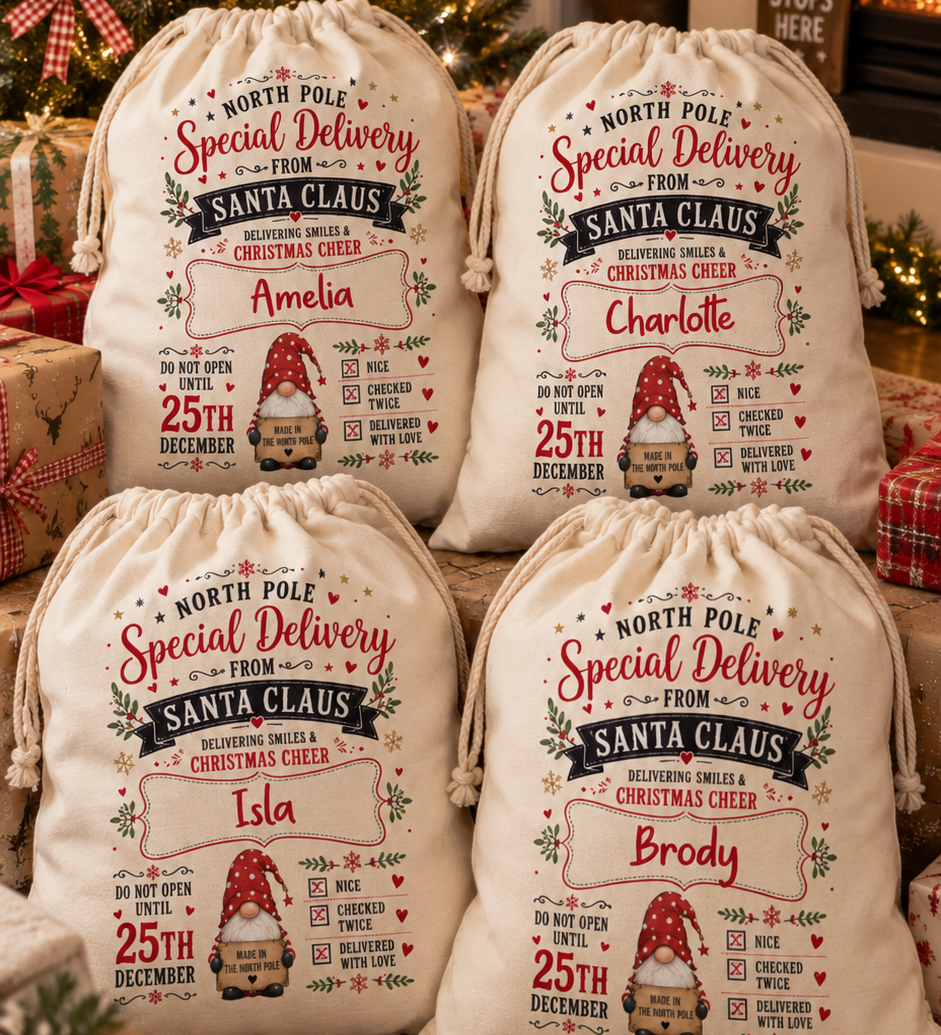 Personalised North Pole gnome Christmas sack, waiting under the tree on Christmas Eve - The Custom Co
