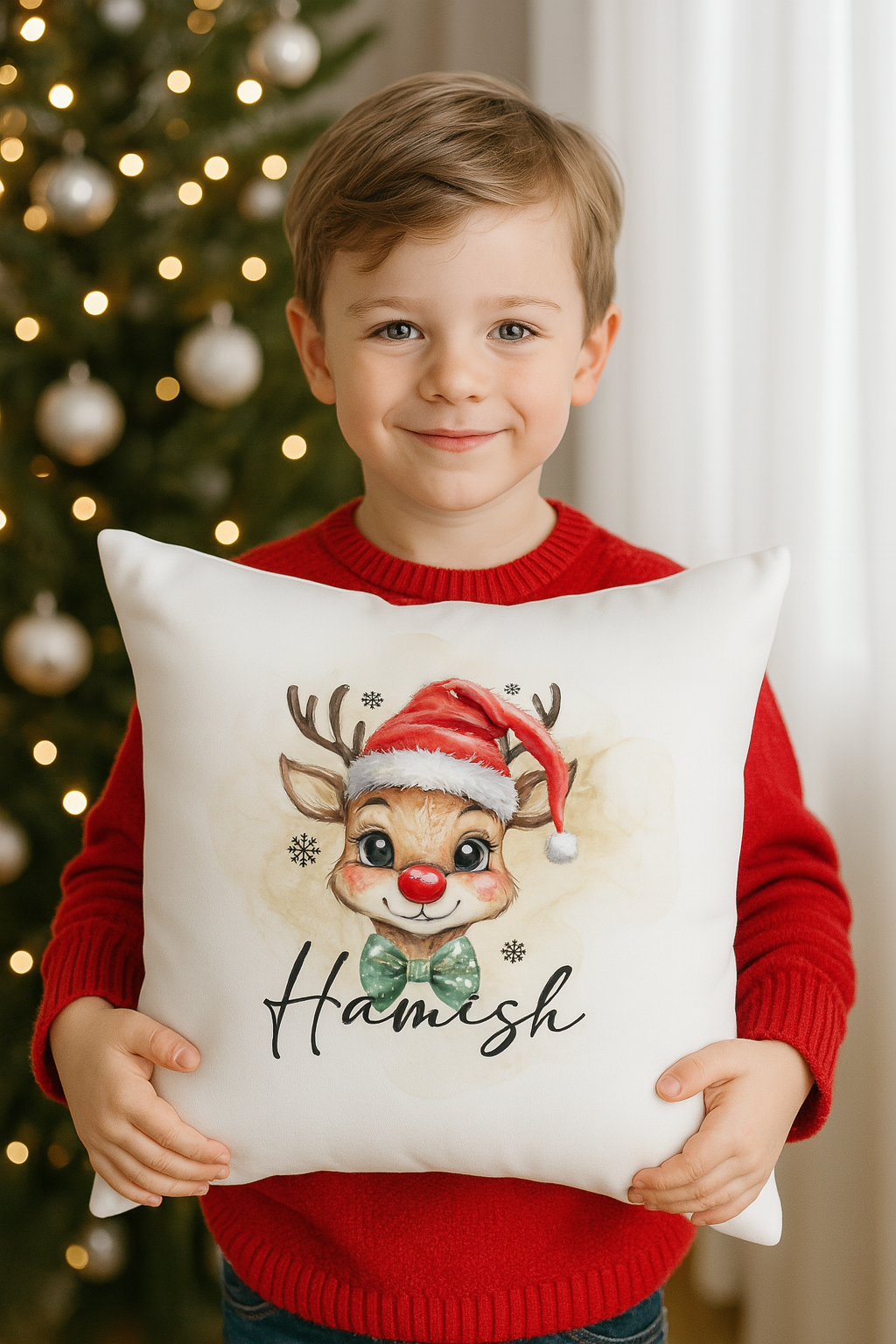kids cushion Santa Reindeer design boy’s Christmas décor.
