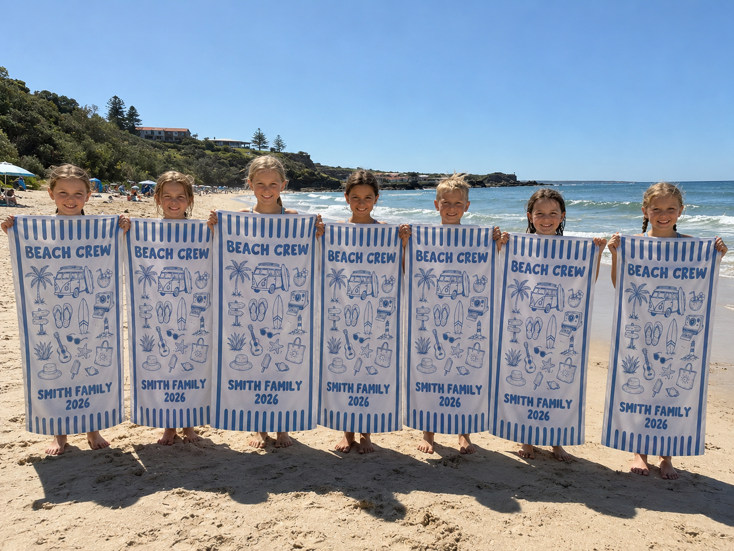 Family Beach Crew beach towel with each name added, summer gift