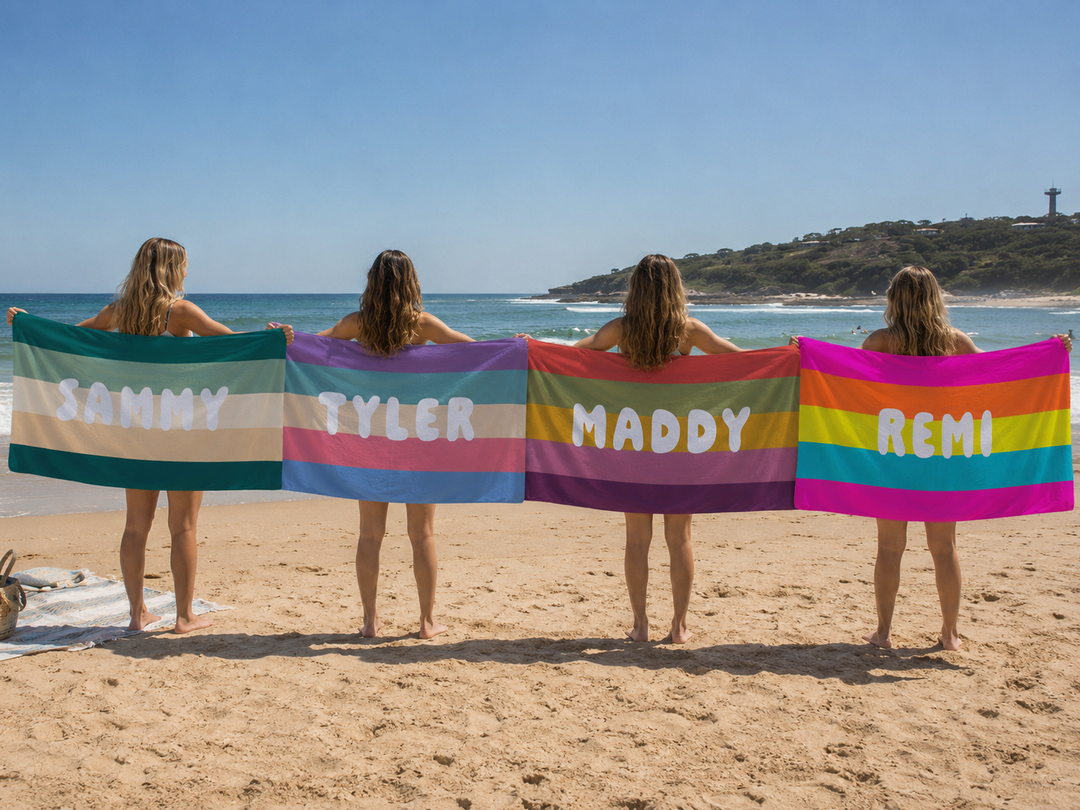 Personalised Stripe Beach Towel – Custom Name | Retro Stripe Design