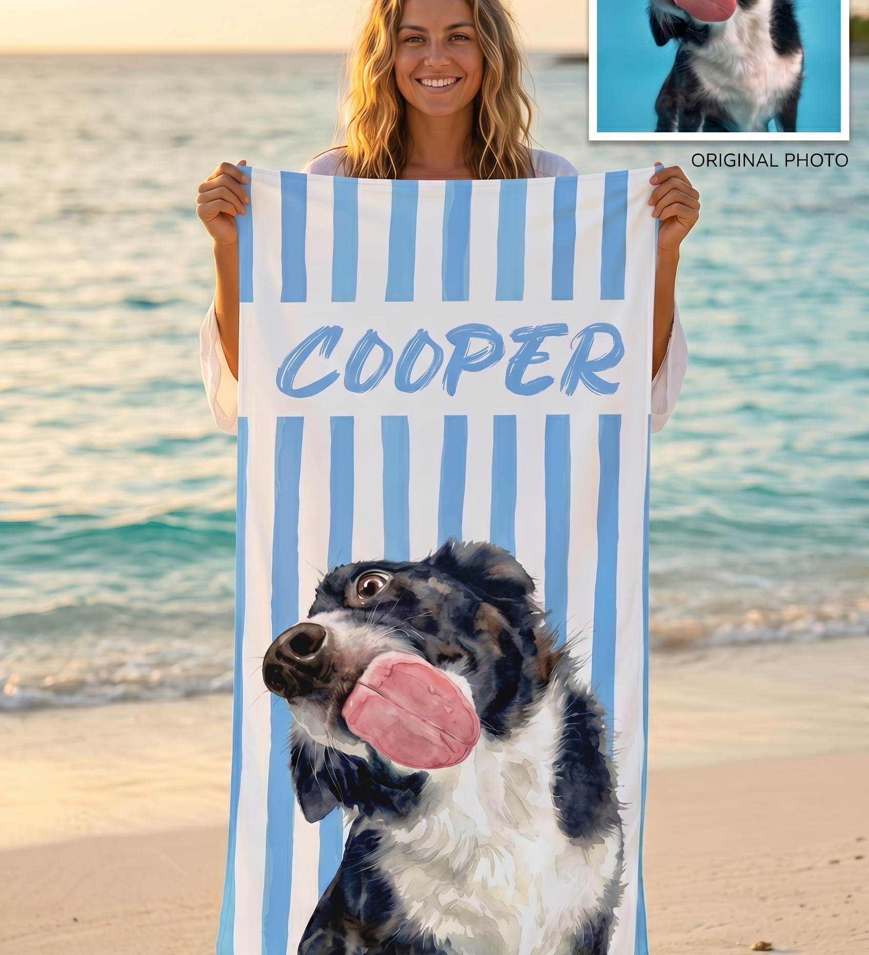 Personalised Pet Portrait beach towel name print detail