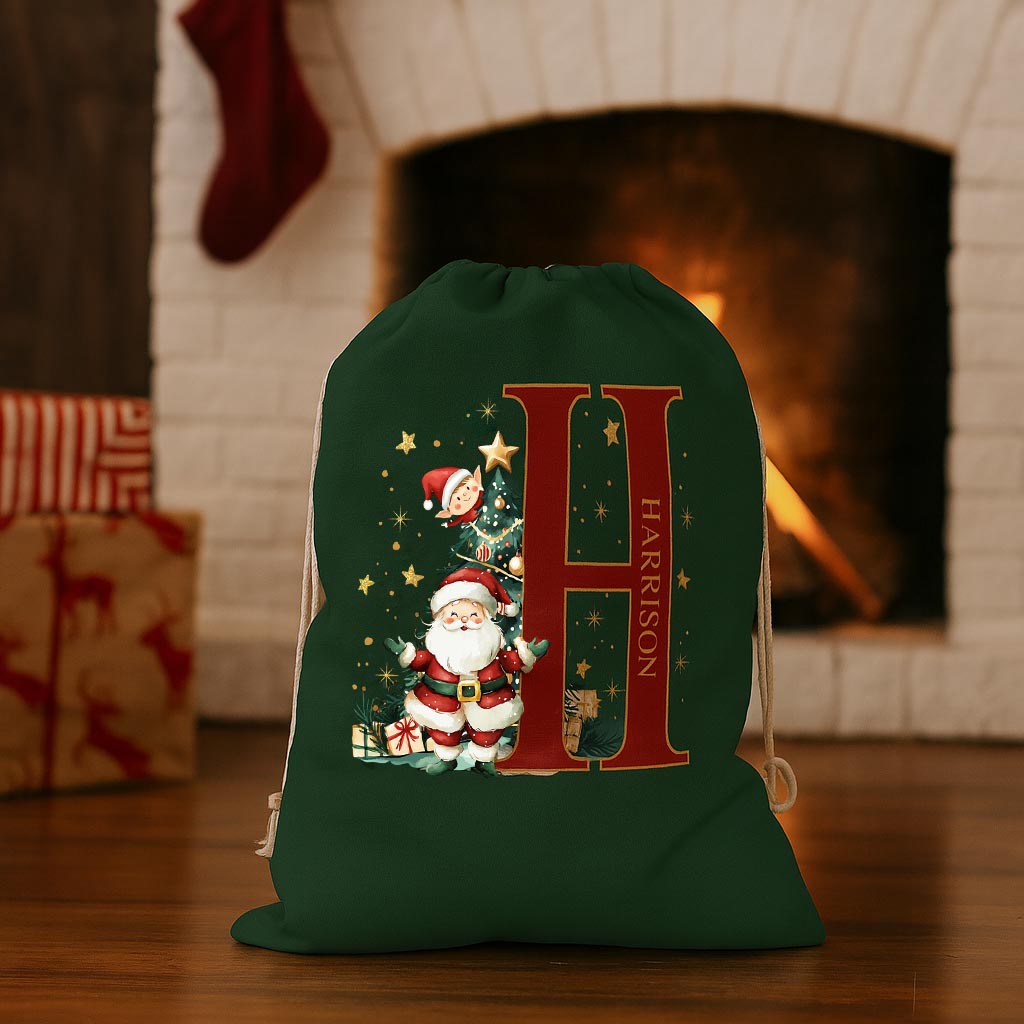 Green Christmas drawstring sack with initial