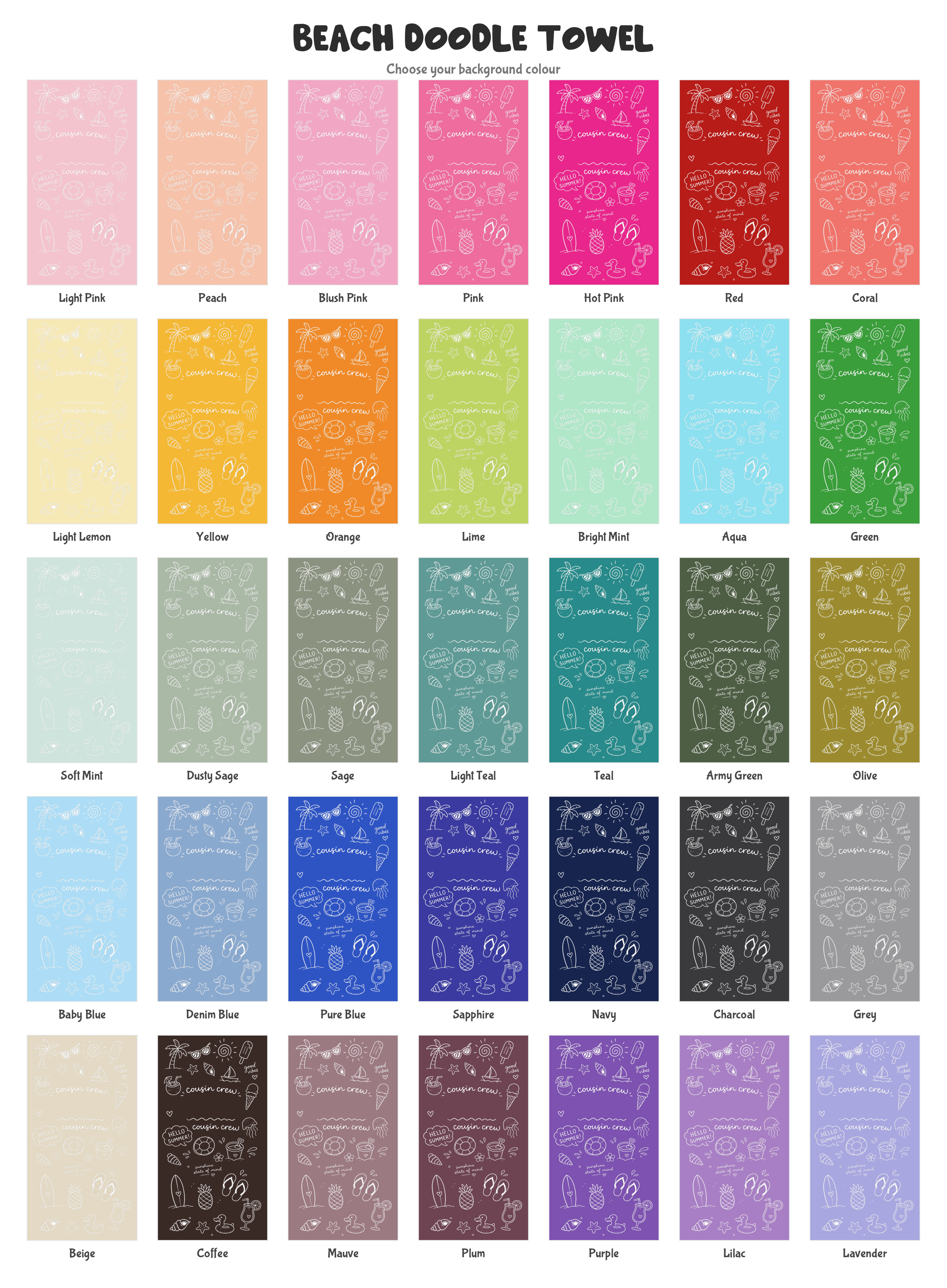 Cousin Crew Beach Doodle beach towel in quick-dry sand-free fabric, easy to pack for beach and pool days