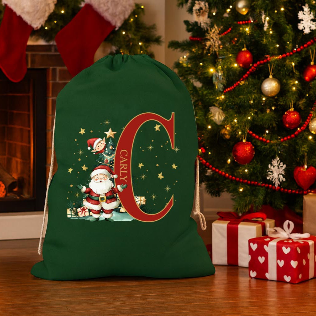 Large festive drawstring sack with initial