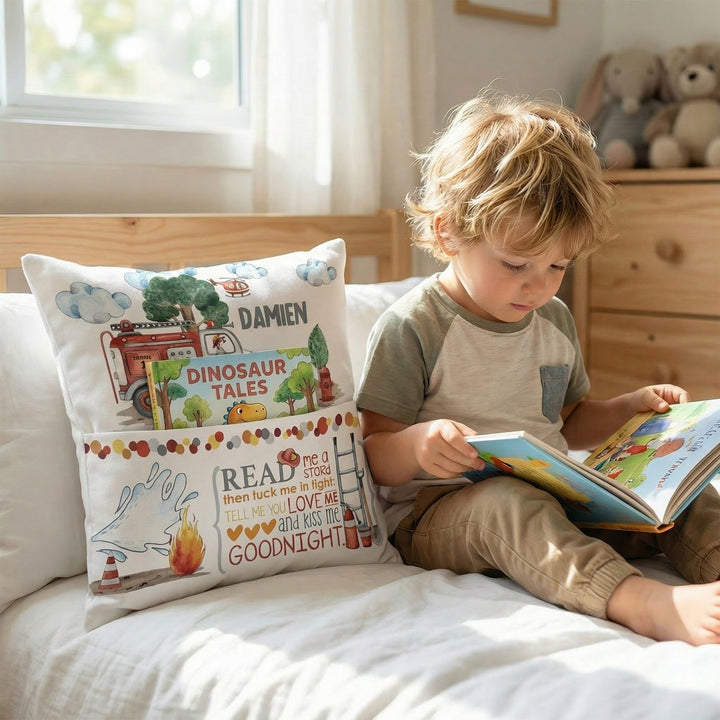 Personalised fire truck pocket book cushion with child’s name and built-in book pocket