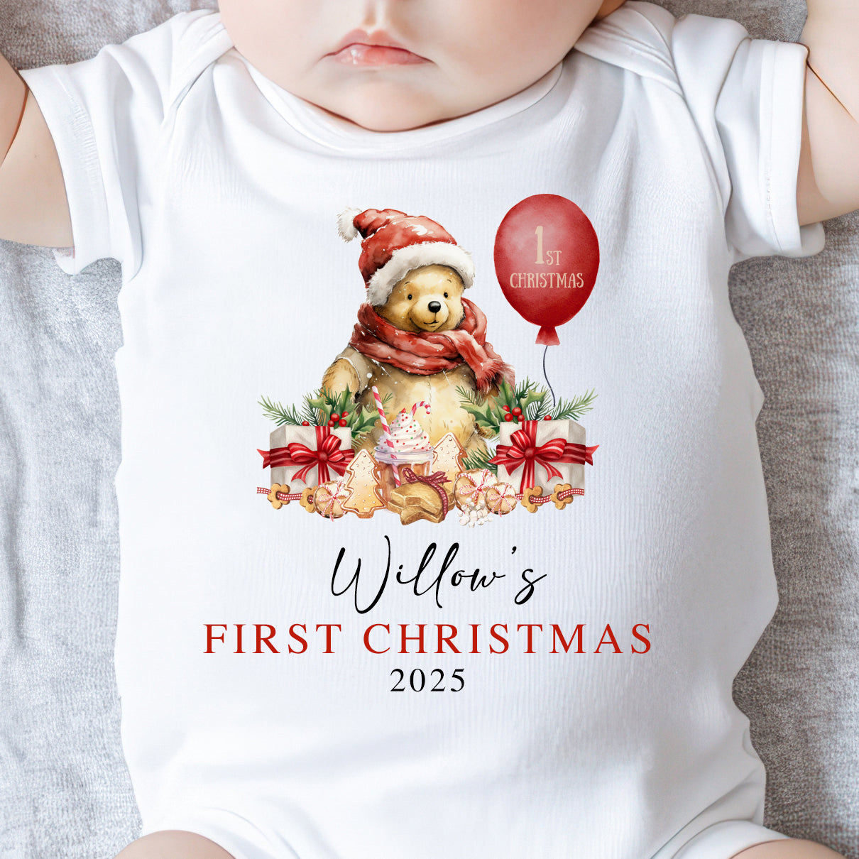 Winnie the Pooh Christmas baby onesie featuring classic festive design, soft cotton fabric, snap closures, and perfect for baby's first Christmas outfit and holiday photos