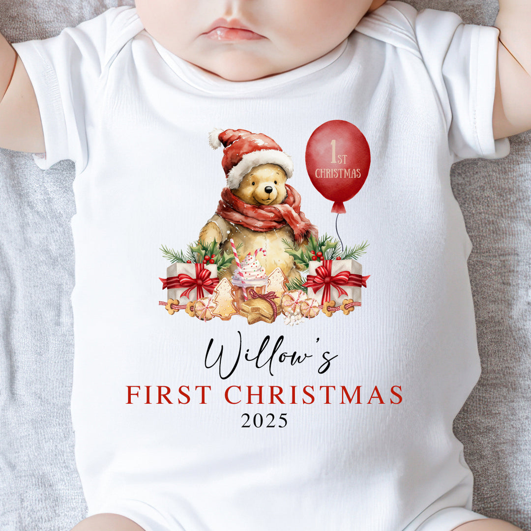 Winnie the Pooh Christmas baby onesie featuring classic festive design, soft cotton fabric, snap closures, and perfect for baby's first Christmas outfit and holiday photos