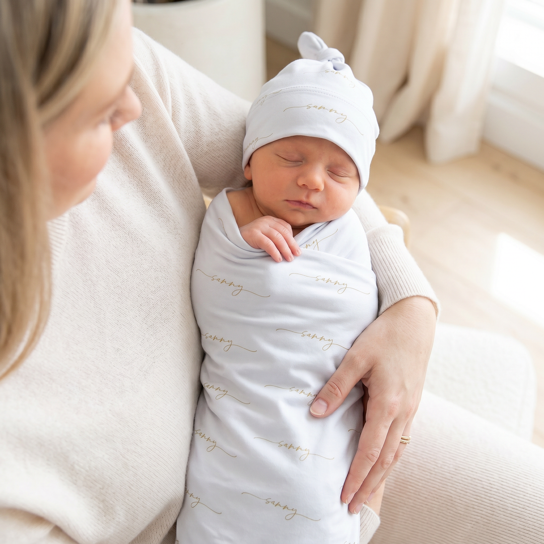 Sweet Signature - Personalised Baby Swaddle &amp; Beanie Set