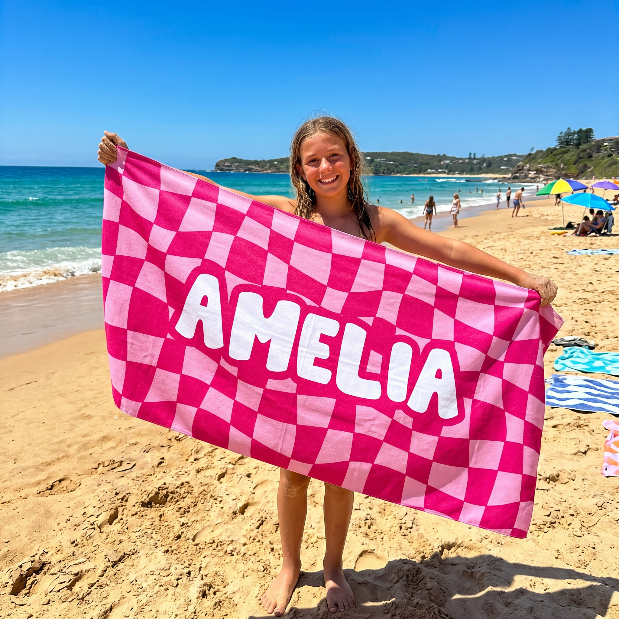Personalised Wavy Check beach towel keepsake gift idea - The Custom Co
