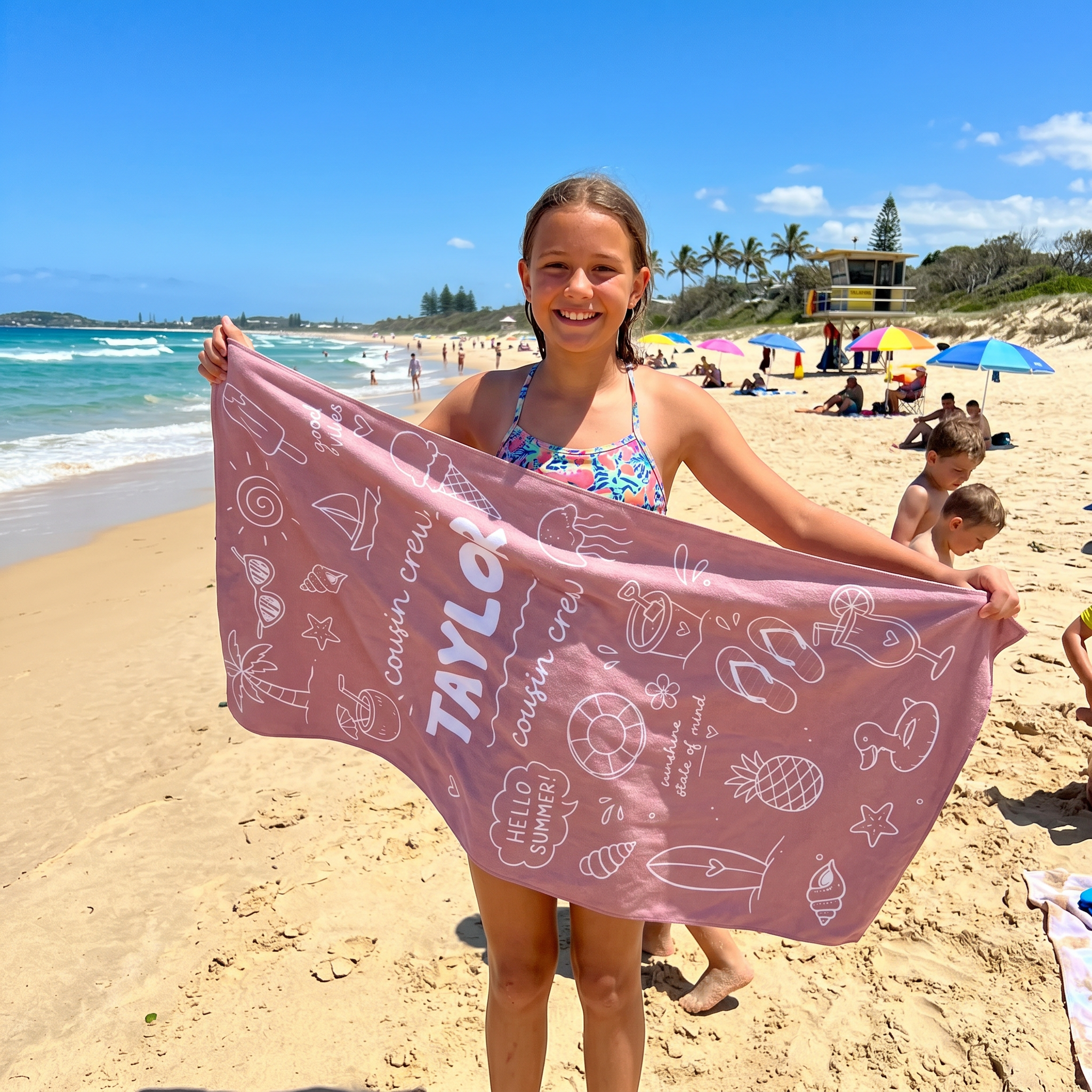 Cousin Crew Beach Doodle beach towel in quick-dry sand-free fabric, made for beach and pool days - The Custom Co