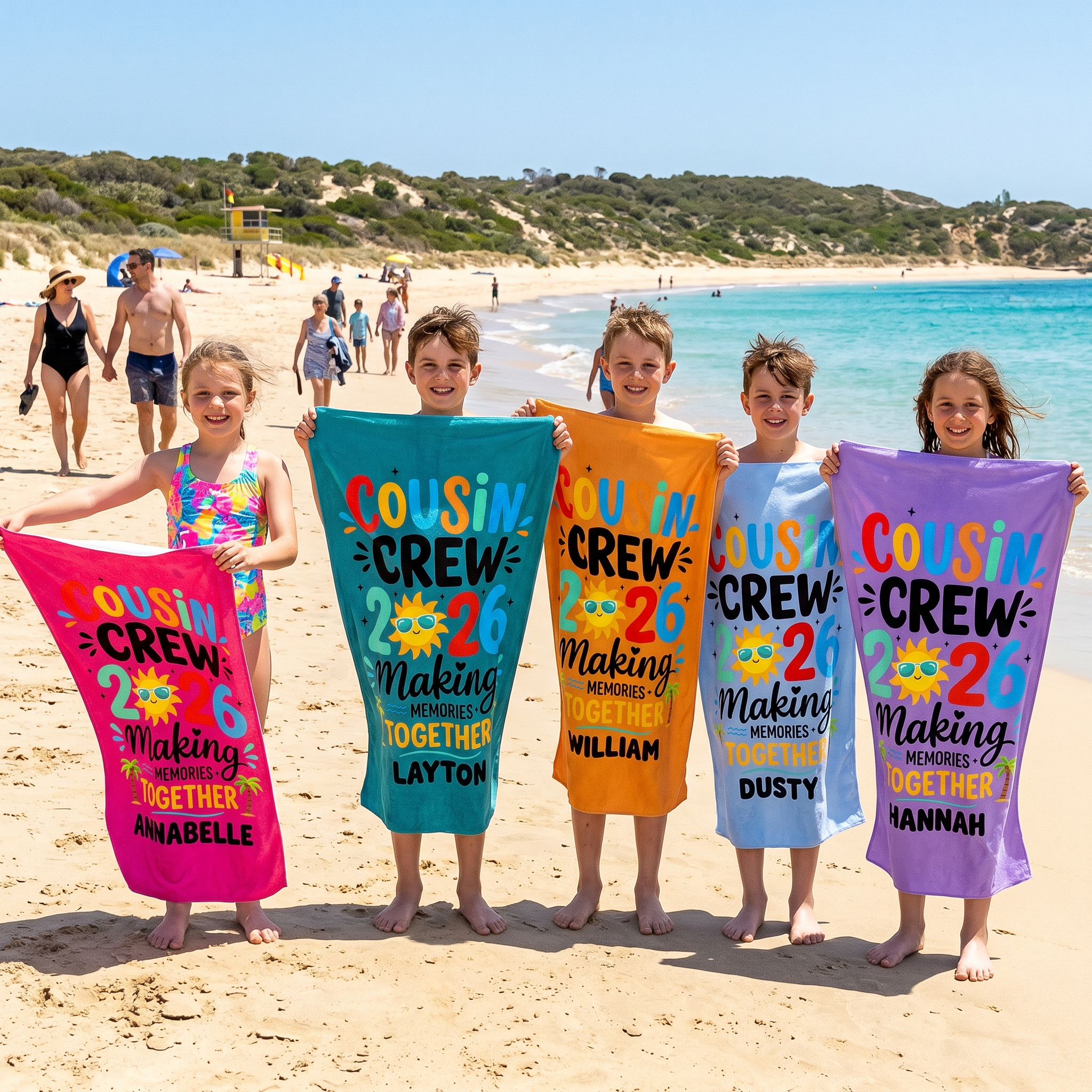 Cousin Crew 2026/27 beach towel in quick-dry sand-free fabric, made for family holidays - The Custom Co