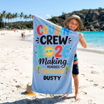 Name-printed Cousin Crew 2026/27 beach towel design detail
