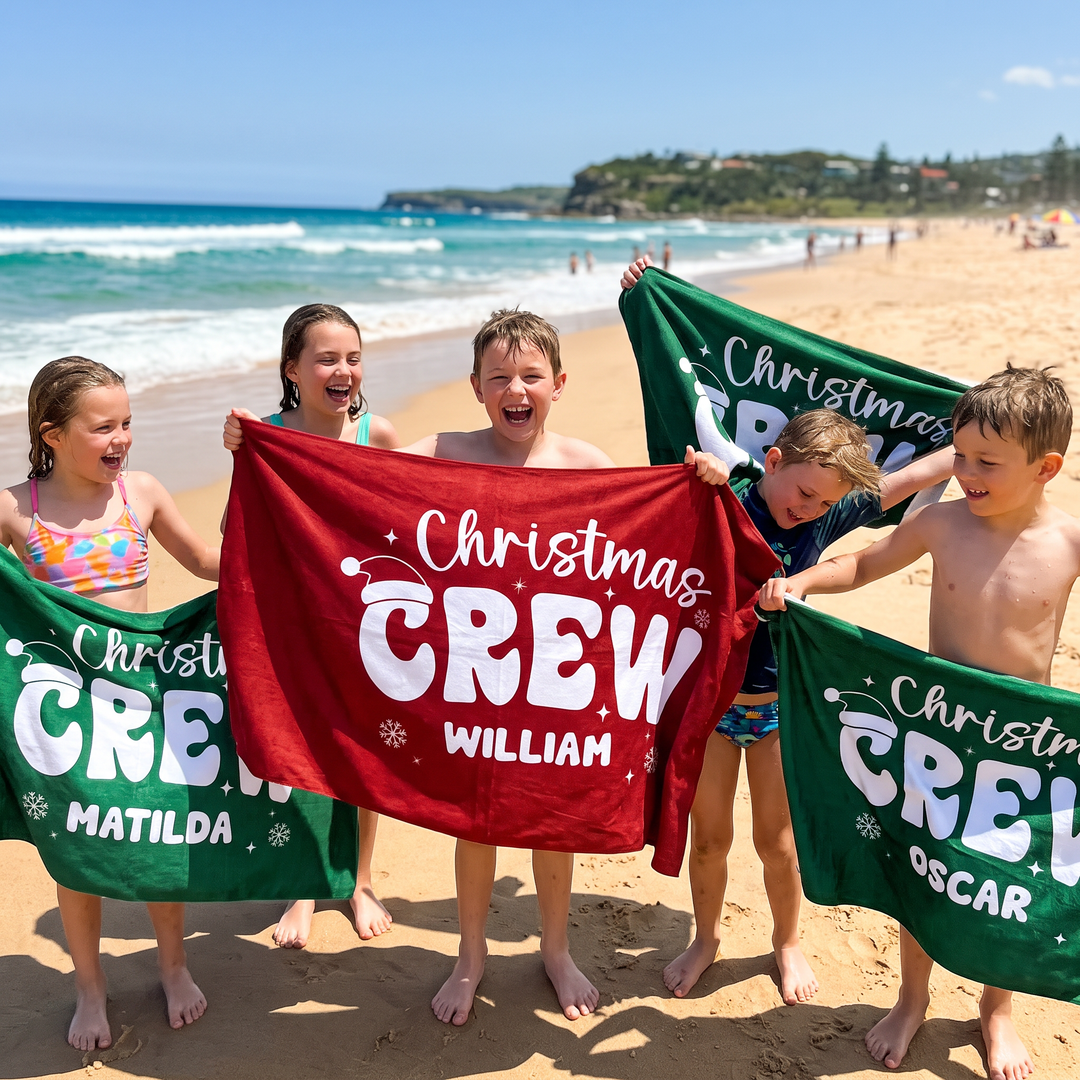 Retro Christmas Crew Personalised Beach Towel