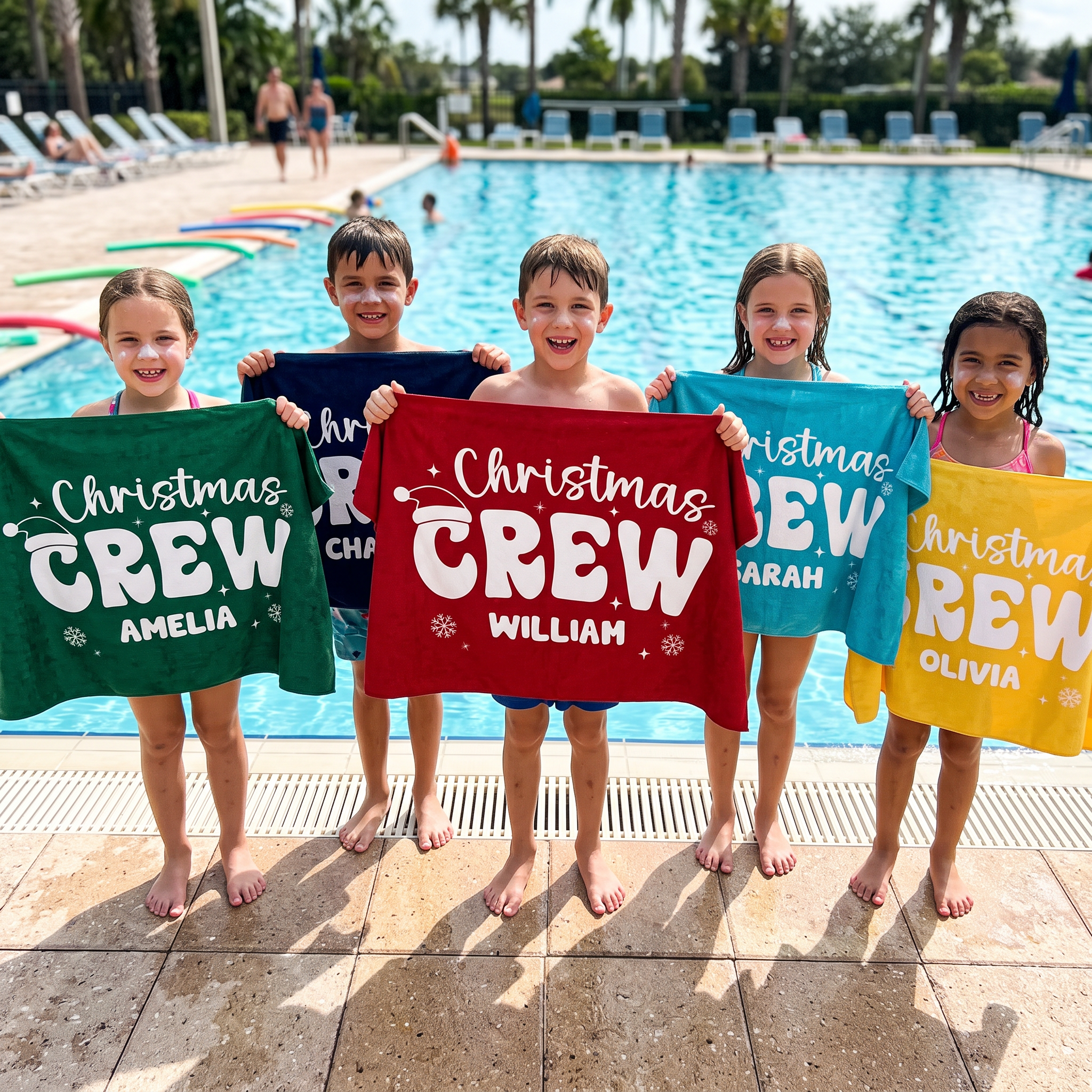 Retro Christmas Crew beach towel personalised with each name, Christmas gift