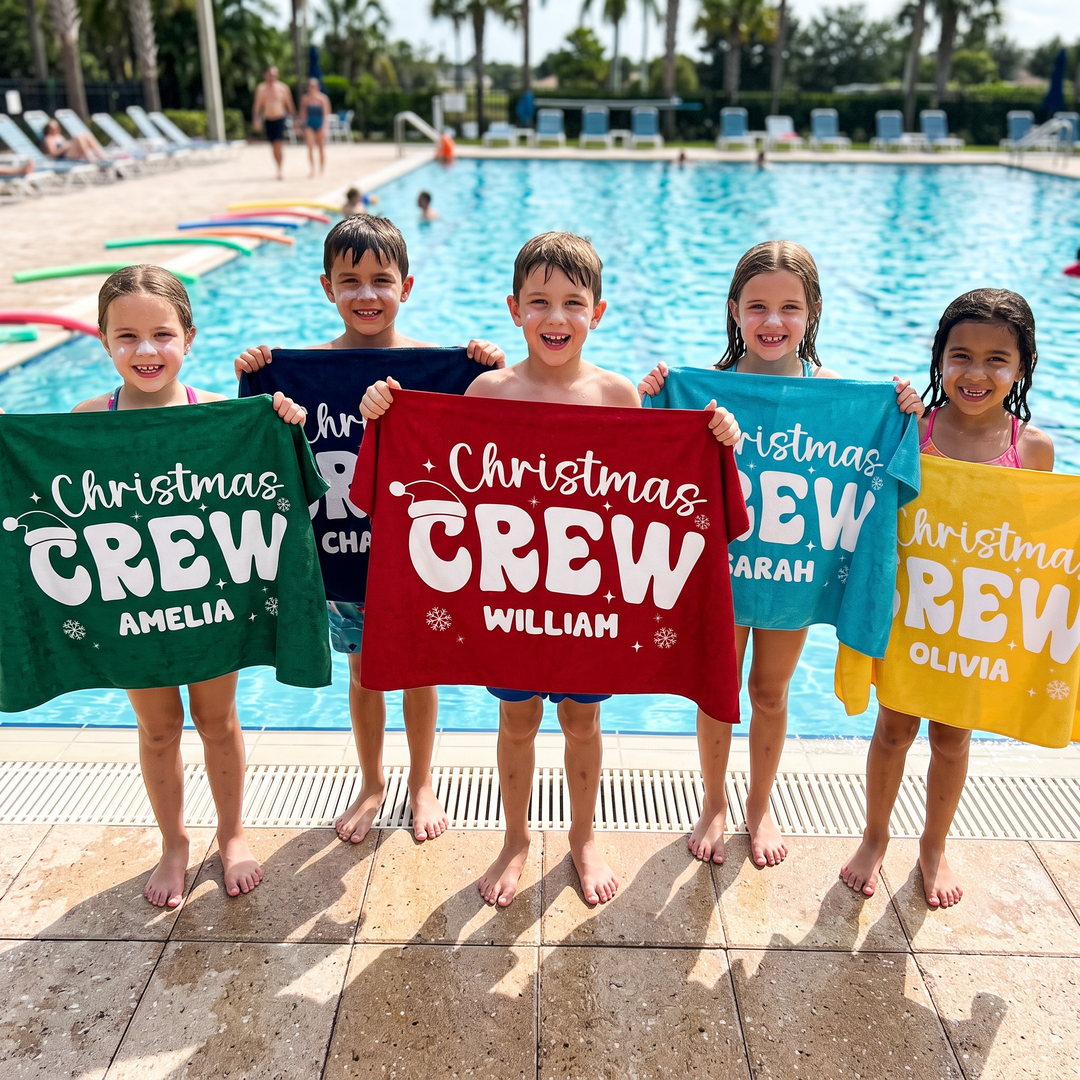 Retro Christmas Crew Personalised Beach Towel