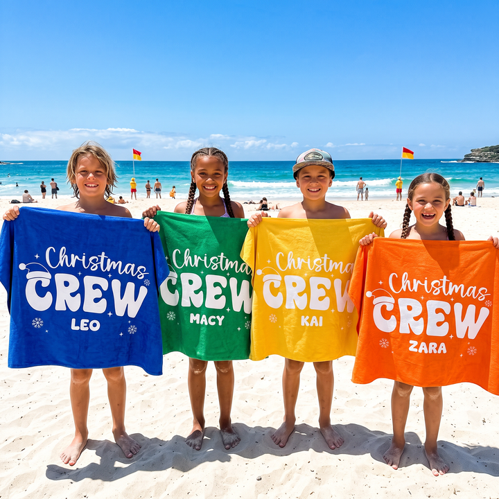 Retro Christmas Crew Personalised Beach Towel