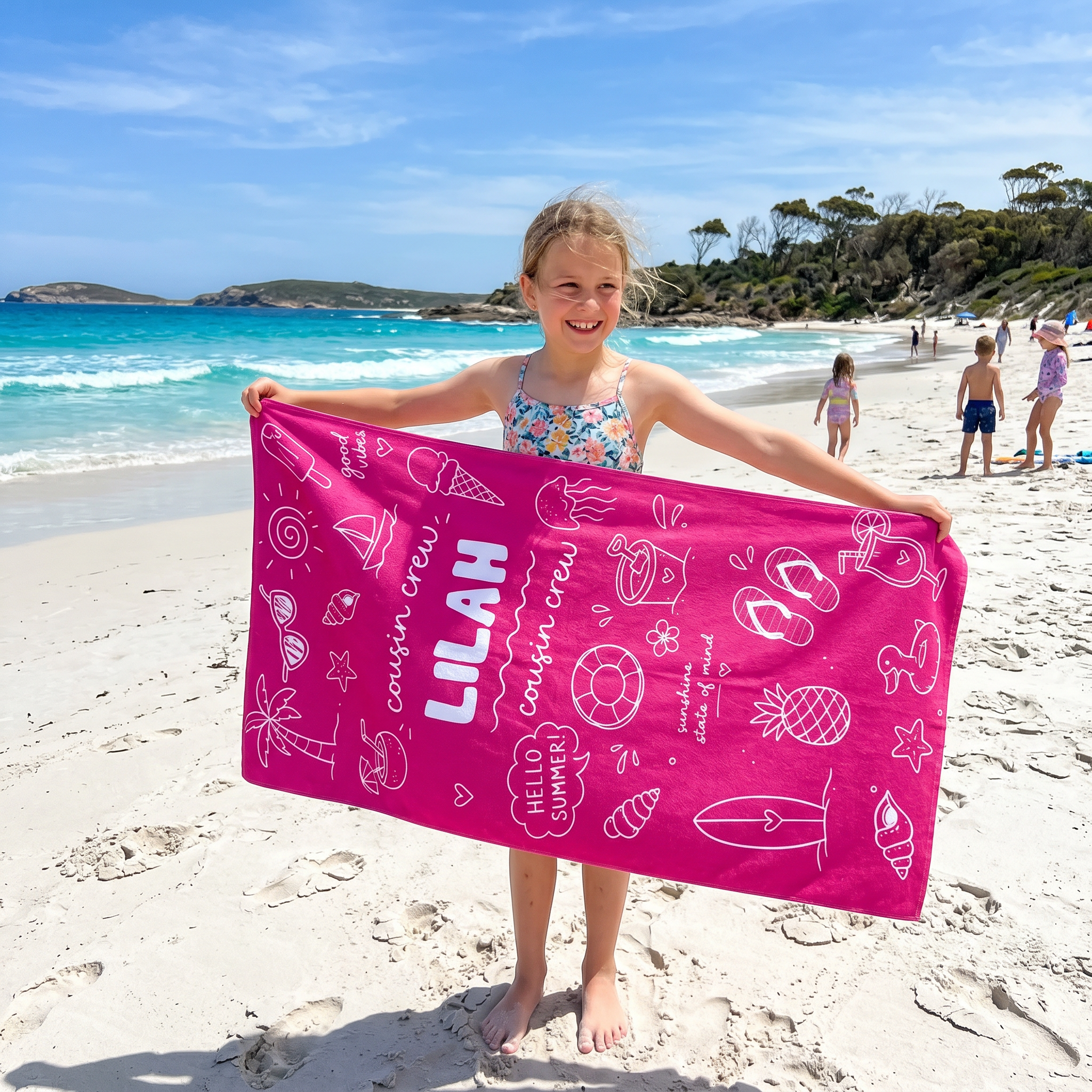 Cousin Crew Beach Doodle custom name beach towel for beach and pool days - The Custom Co