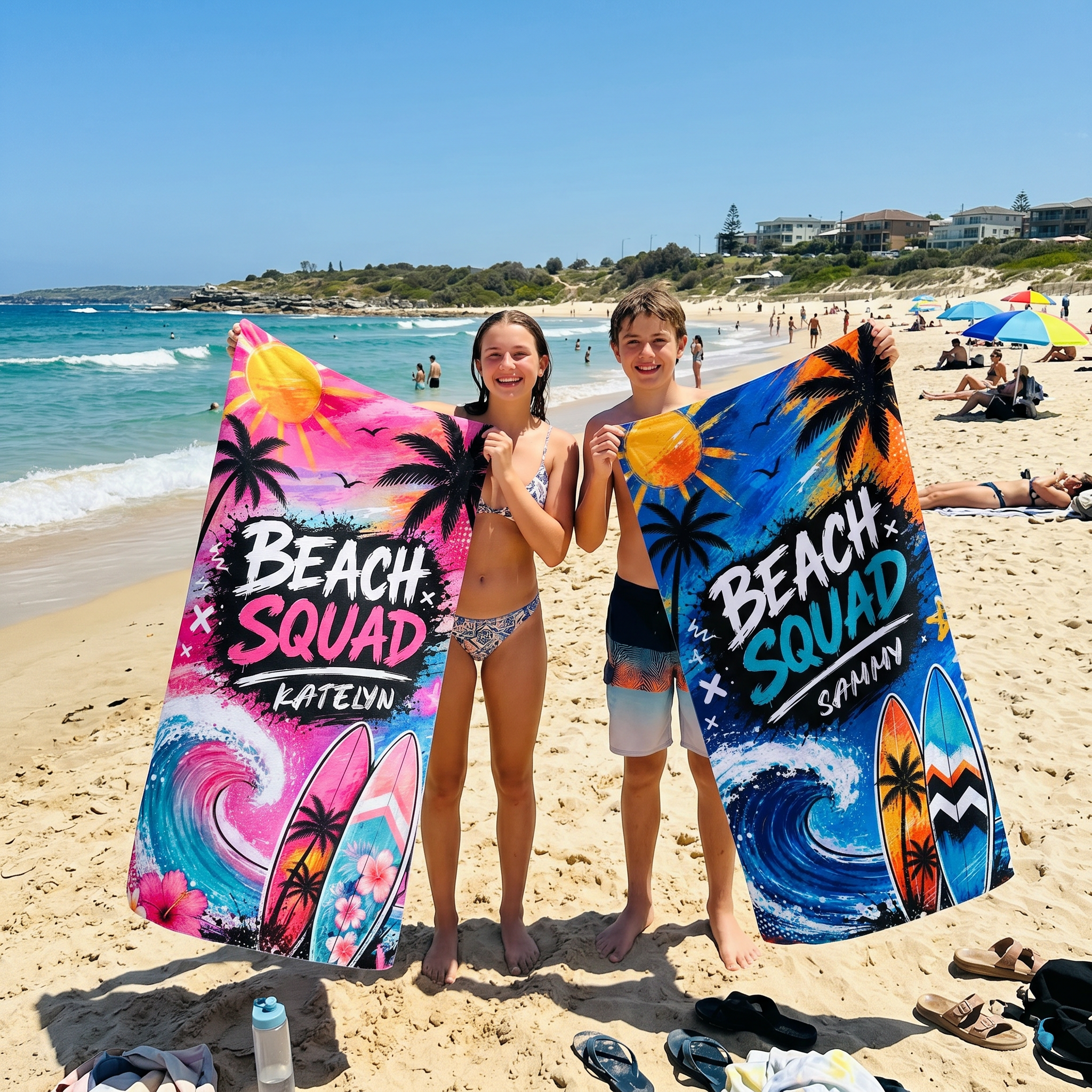Beach Squad custom name towel for beach trips and school camps