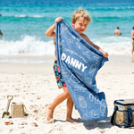 Cousin Crew Beach Doodle beach towel with a name added for every one of the cousins