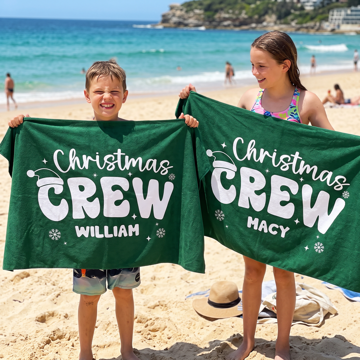 Retro Christmas Crew Personalised Beach Towel
