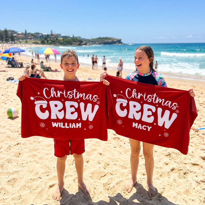 Retro Christmas Crew Personalised Beach Towel