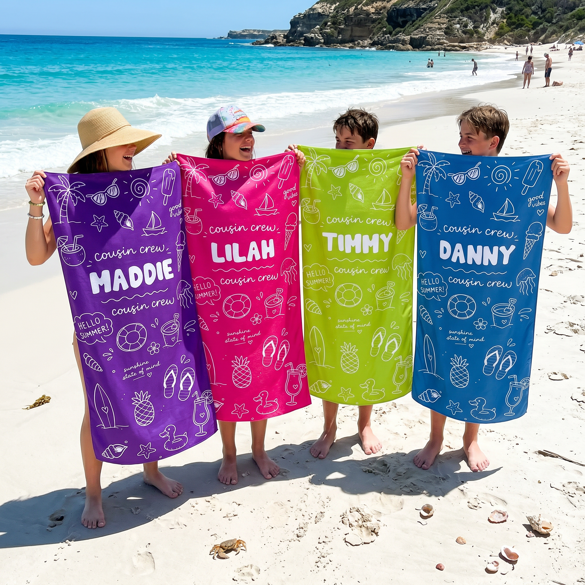 Name-printed Cousin Crew Beach Doodle beach towel design detail