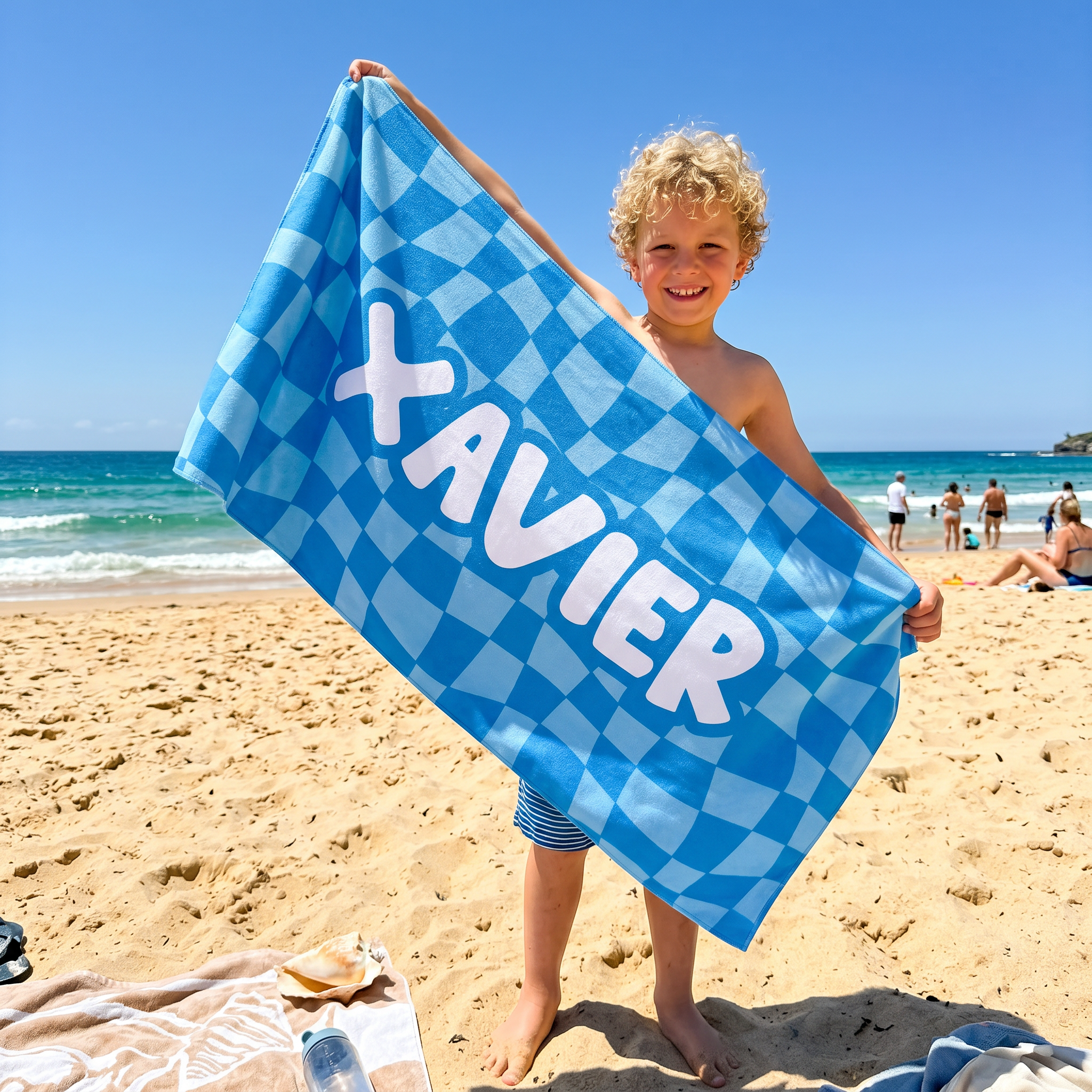 Wavy Check beach towel with a name added for every member of the family