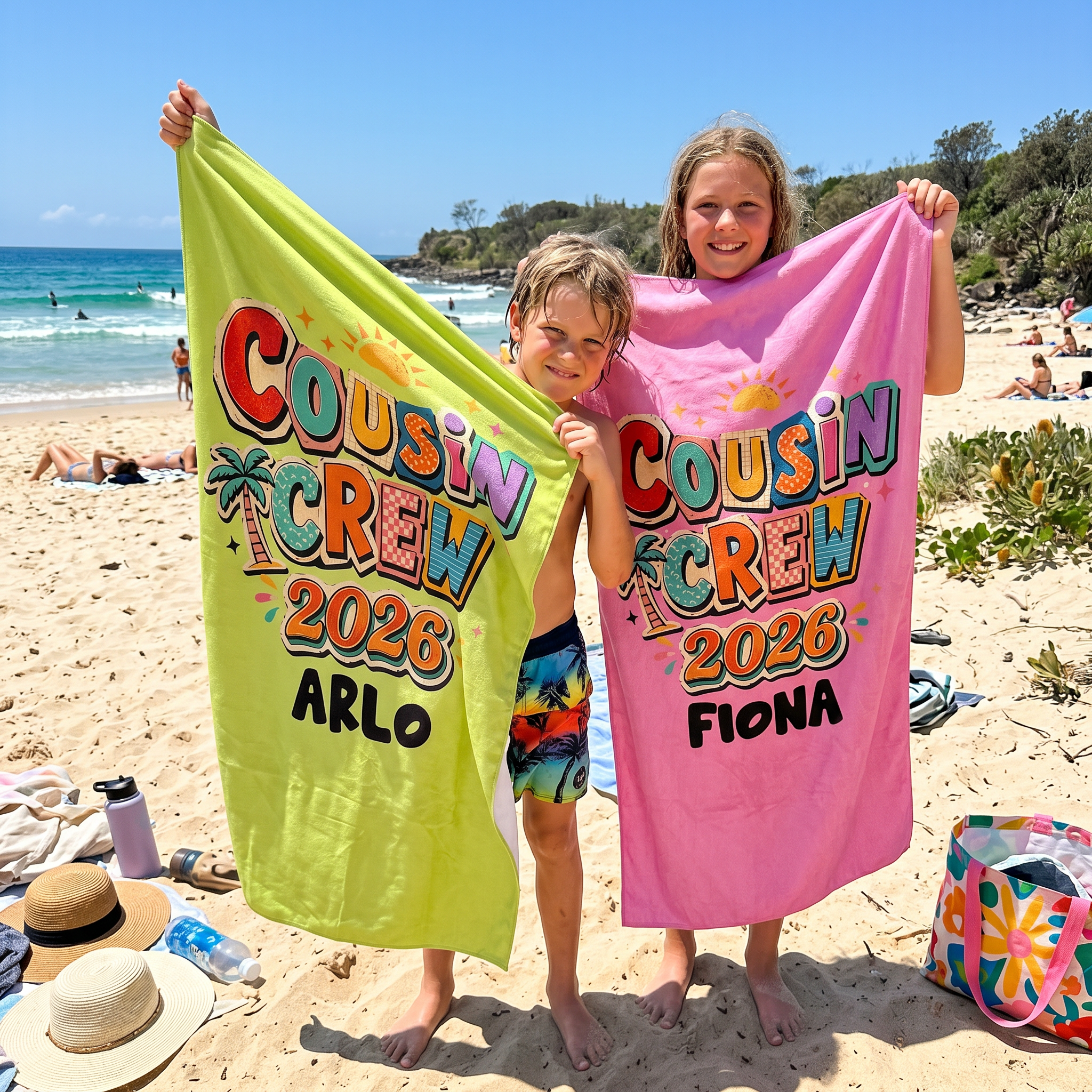 Tropical Cousin Crew 2026 beach towel in quick-dry sand-free microfibre, made for tropical family holidays - The Custom Co
