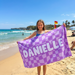 Personalised Wavy Check beach towel name print detail