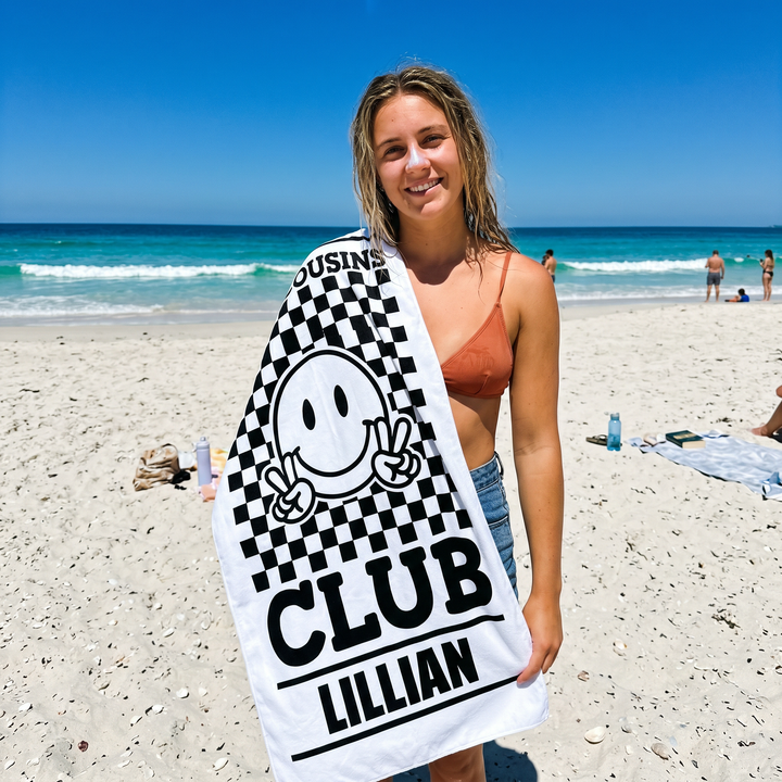 Retro Smiley Checkerboard Beach Towel