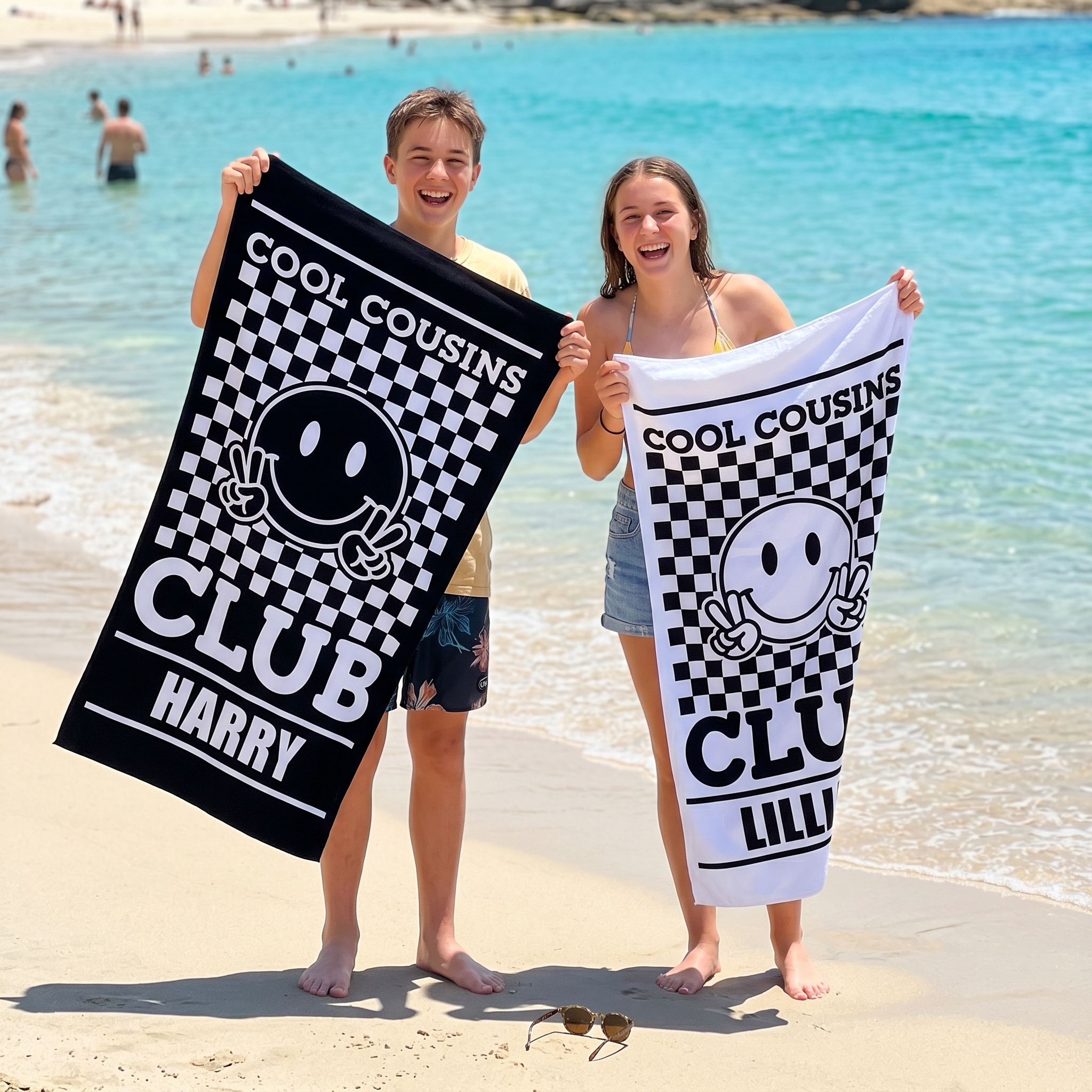 Retro Smiley Checkerboard beach towel in quick-dry sand-free microfibre, made for beach and pool days - The Custom Co
