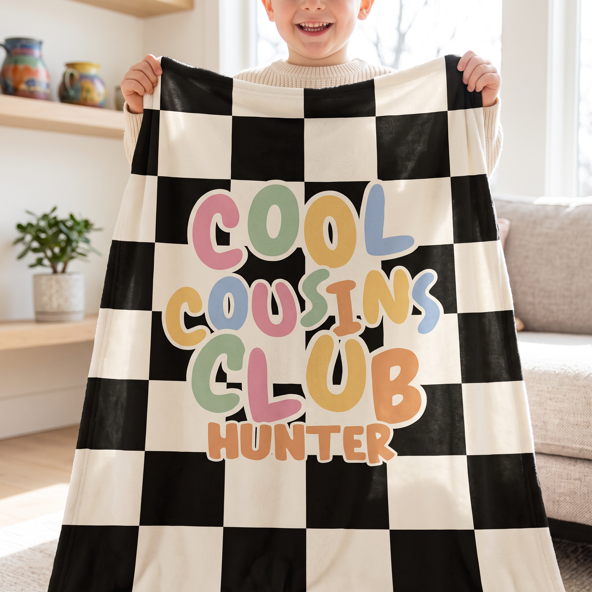 Cousin Crew Check custom name blanket for movie nights and road trips - The Custom Co