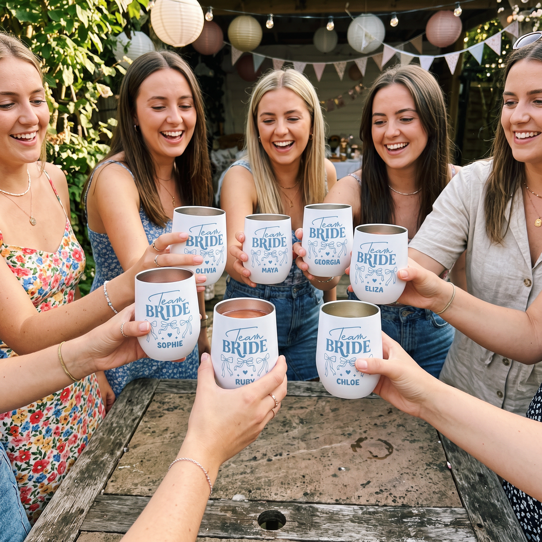 Personalised Team Bride wine tumbler name print detail