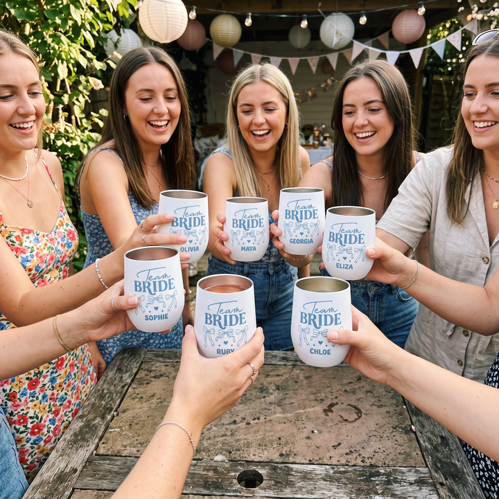 Personalised Team Bride wine tumbler name print detail