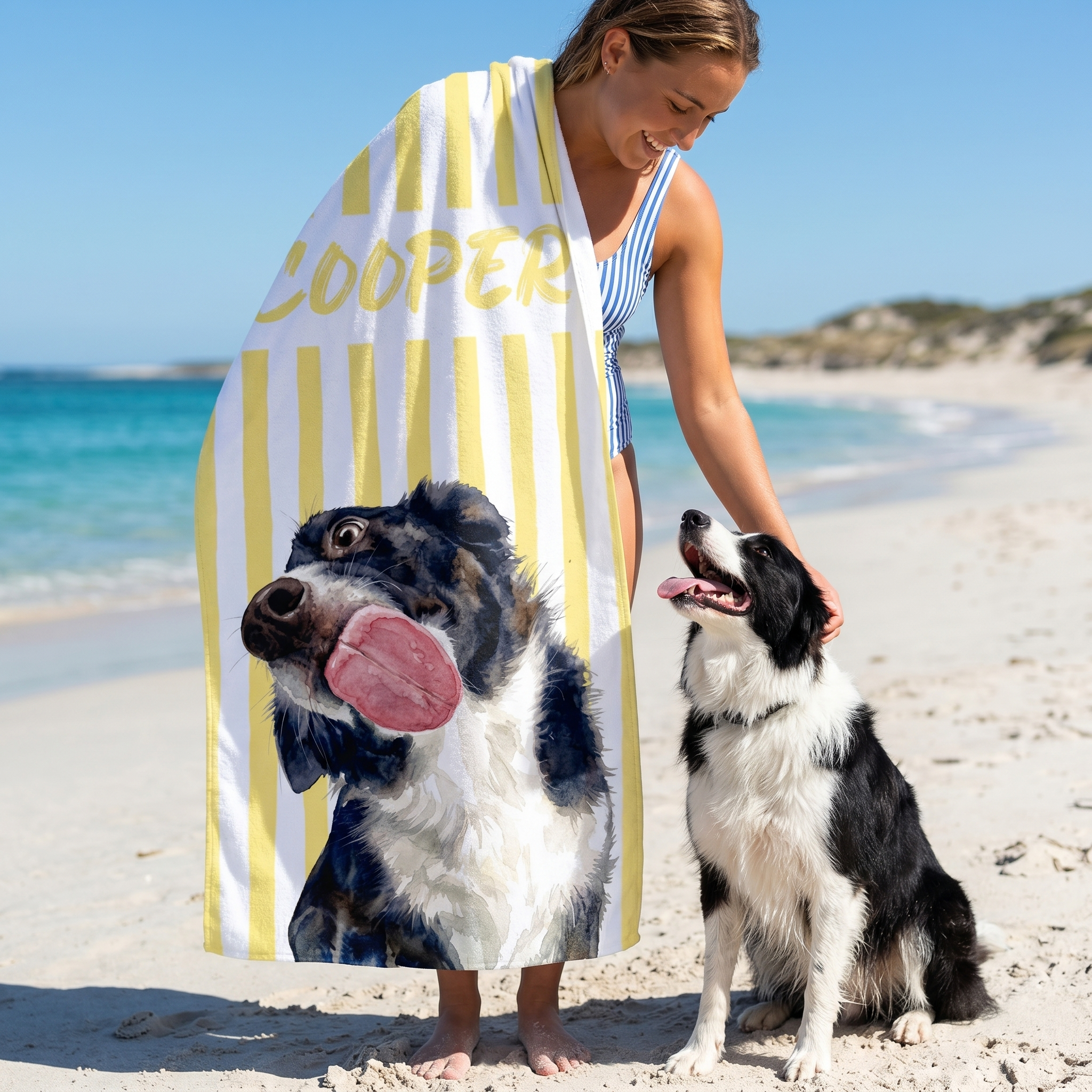 Pet Portrait personalised beach towel with custom names - The Custom Co
