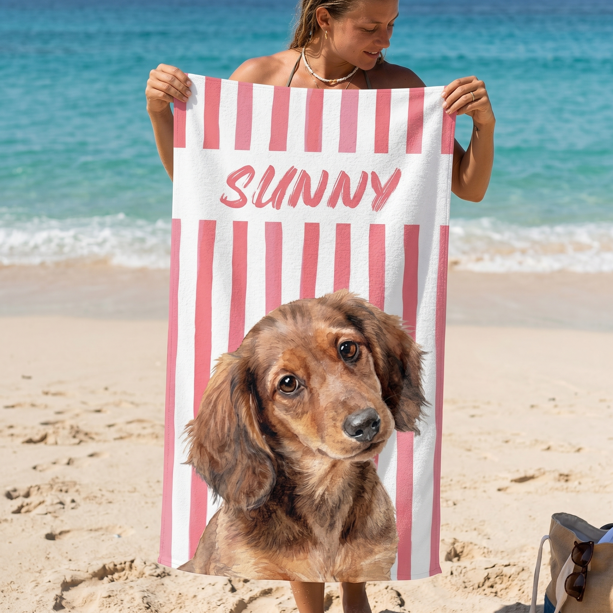 Pet Portrait beach towel personalised with each name, birthday gift
