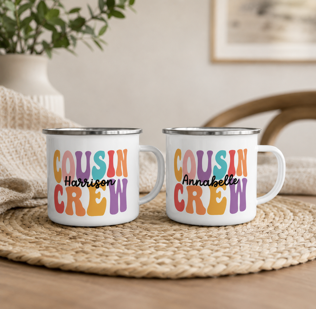 Personalised Cousin Crew Enamel Mug